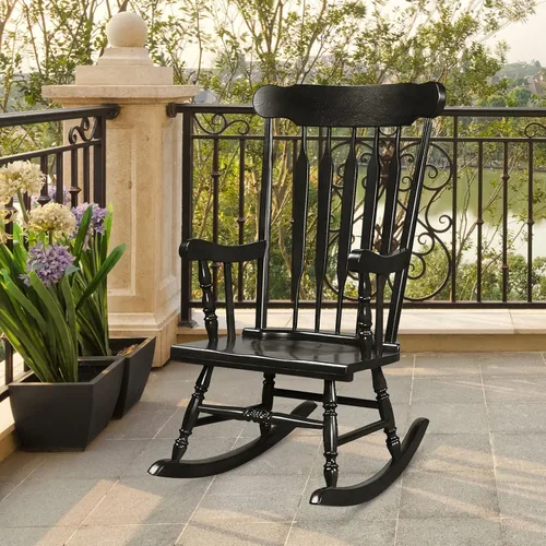 Miniatura 2 de Tangkula Silla mecedora de patio de madera de goma sólida, silla mecedora de porche exterior con marco de madera de goma, silla mecedora de madera