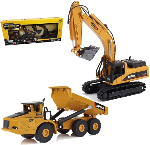 Ailejia Modelos de aleación de juguete de camión articulado con volquete y excavadora a escala 1/50, vehículo de construcción, modelo de ingeniería,