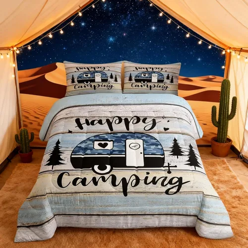 Miniatura 31 de Juego de Edredón para Acampar Feliz para Niños Tamaño Individual, Juego de Ropa de Cama Rústica de Aventura de Granja y Cabaña, Decoración
