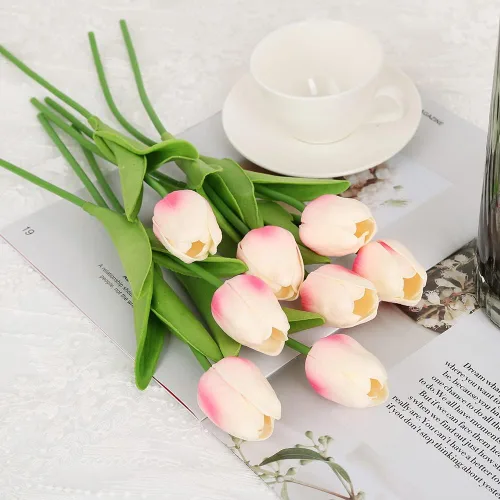 Miniatura 5 de IPOPU 24 piezas de tulipanes rosados artificiales, tulipos rosados claros artificiales, flores falsas para arreglos de flores de tulipán, decoración
