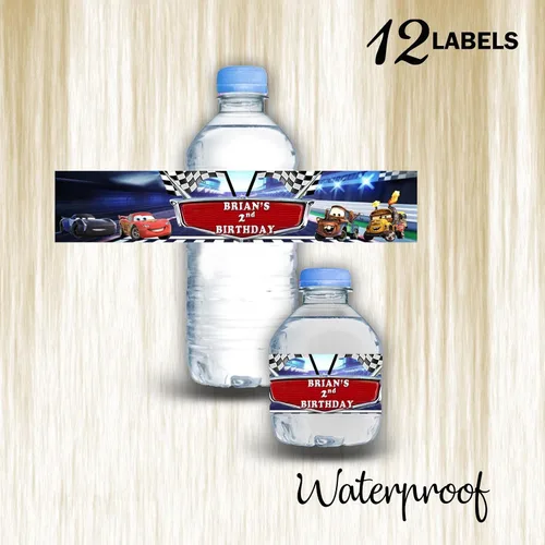 Miniatura 2 de Calcomanías impermeables para botellas de agua para niños, personalizables, paquete de 12 (coches)