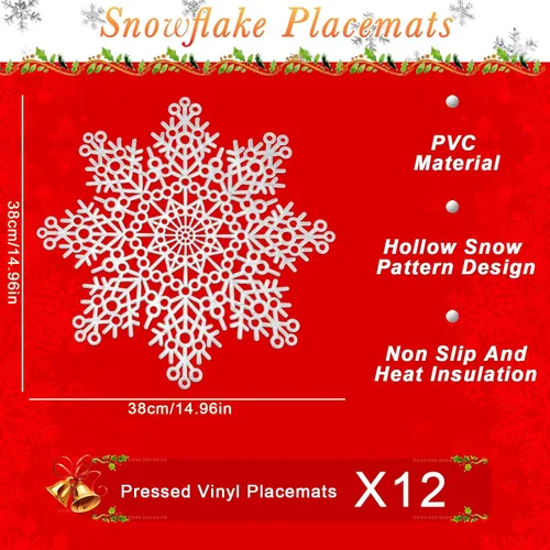 Miniatura 2 de Eccliy Juego de 12 manteles individuales plateados con copos de nieve de 15 pulgadas, vinilo prensado metálico, lavable, resistente al calor