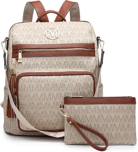 MKP COLLECTION Mochila de moda para mujer, bolsa convertible grande para mujer, mochila de viaje, bolsa de hombro, juego de 2 piezas con borla, Beige