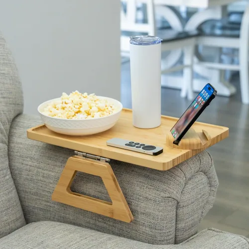 Miniatura 16 de Shamrock Home Mesa Bandeja de Bambú para Brazo de Sofá, Mesa Bandeja con Clip para Sofás. Bandeja de Brazo de Sofá para Cenas de TV, Controles