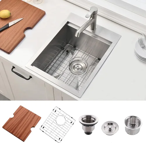 Miniatura 14 de VAPSINT Fregadero de barra de 15 x 15 pulgadas, fregadero de cocina pequeño hecho a mano de acero inoxidable de 16 calibres para preparación