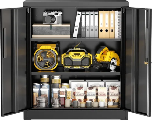 Miniatura 13 de Greenvelly Armario de almacenamiento de metal para garaje con puertas y estantes ajustables, gabinete de archivo de acero negro con cerradura de 72