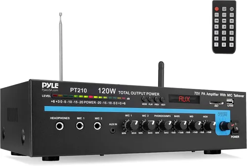 Pyle Home Compacto Amplificador mono de megafonía - Sistema receptor de altavoz PA de sonido de audio de potencia doméstica profesional de 120