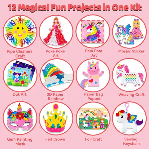 Miniatura 2 de 7july Caja de manualidades de unicornio, 12 divertidas artes y manualidades para niños de 4 a 8 años, juguetes creativos educativos, proyectos