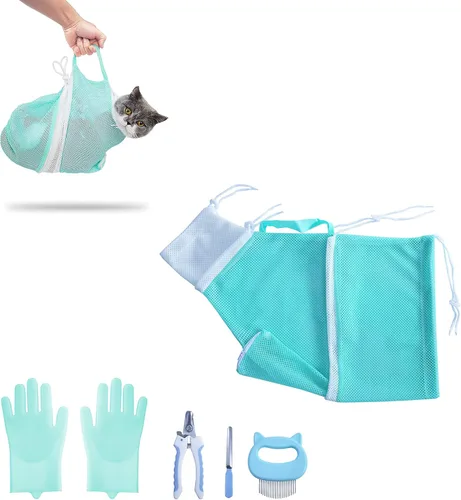 Miniatura 8 de KlerRoem Bolsa de baño para gatos, ajustable, antimordeduras y antiarañazos, bolsa de aseo para perros y mascotas, incluye cortaúñas para mascotas