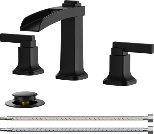Miniatura 19 de FORIOUS Grifos cuadrados de baño de níquel cepillado y negro de 3 agujeros, cascada de 8 pulgadas, grifo de lavabo de baño con drenaje emergente