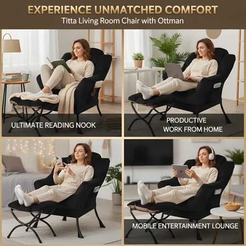 Miniatura 7 de Tiita - Silla perezosa con otomana, moderna y grande, sillón de ocio con reposabrazos y bolsillo lateral, silla de sofá de lectura cómoda con Negro