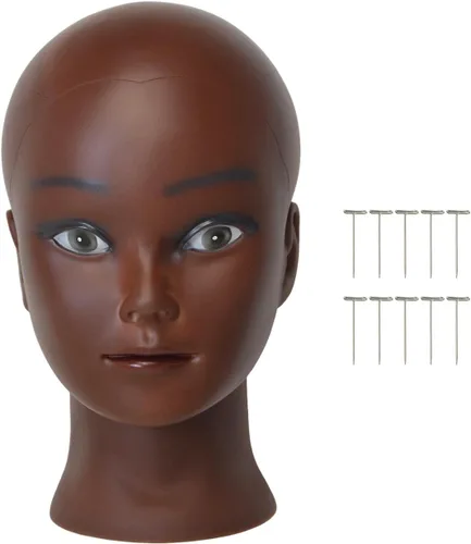 Cabeza de maniquí calvo profesional de cosmetología para hacer pelucas, exhibir pelucas, anteojos con pasadores en T (marrón y rojo, 18.9 pulgadas)