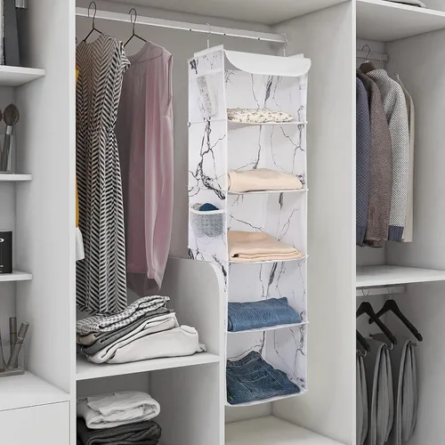 Miniatura 4 de BrilliantJo Organizador Colgante de Armario de 5 Estantes, Paquete de 2 Almacenamiento Colgante con 6 Bolsillos Laterales para Ropa y Zapatos