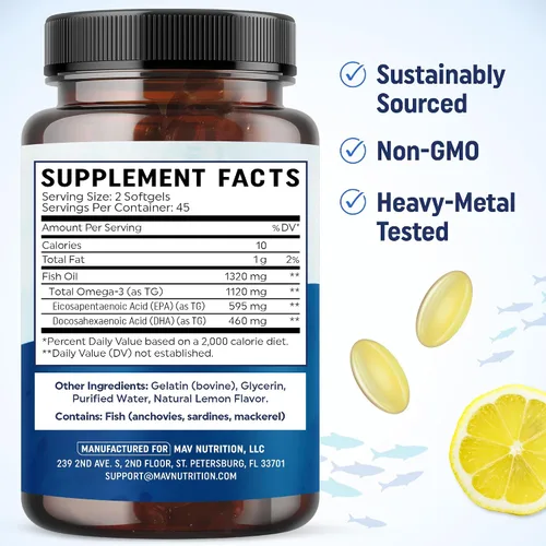 Miniatura 6 de Aceite de pescado Omega 3 para adolescentes Salud cerebral, concentración y apoyo del estado de ánimo, 1120 mg de Omega3 595 mg EPA + 460 mg DHA
