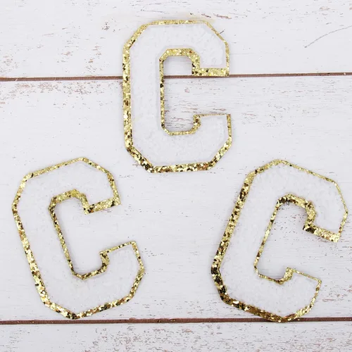 Miniatura 134 de Paquete de 3 parches de felpilla termoadhesivos con brillantina de las letras "S" de 2.0 in de alto, tela de felpilla negra con ribete dorado