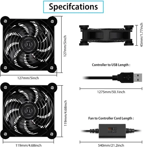 Miniatura 6 de Paquete de 2 rodamientos de doble bola de ventilador USB silencioso de 4.724 in, ventilador USB de 5 V, con controlador de velocidad de 3 grados