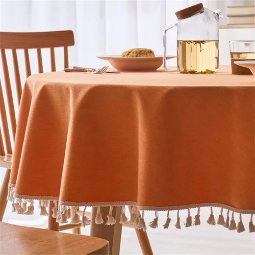 Miniatura 5 de Dimatic Mantel redondo con textura de lino con ribete de encaje, impermeable, a prueba de derrames, para decoración de mesa de cocina, comedor, Beige