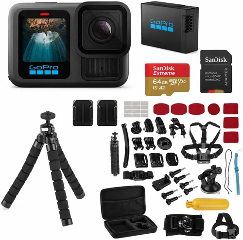 GoPro HERO13 - Cámara de acción impermeable negra con video de 5.3K60, fotos de 27 MP, batería Enduro de 1900 mAh, tarjeta microSD SanDisk de 64 GB,