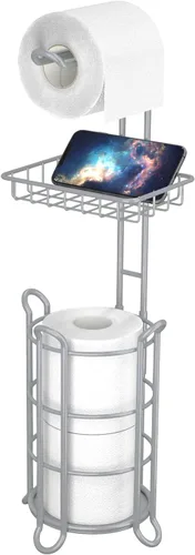 Soporte de rollo de papel higiénico para baño, soporte de papel higiénico de pie con estante de almacenamiento central, reserva de mega E-plata