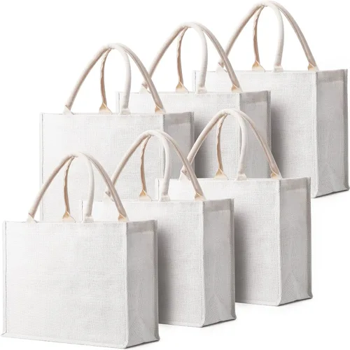 Segarty Bolsas de mano, paquete de 6 bolsas grandes de yute blanco reutilizables de lona para regalos con asas, bolsa en blanco a granel para dama