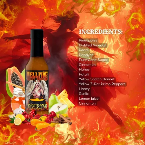 Miniatura 6 de Salsa picante Hellfire Devil's Gold, galardonada con múltiples premios, salsa picante gourmet a base de frutas, cuenta con pimientos amarillos súper