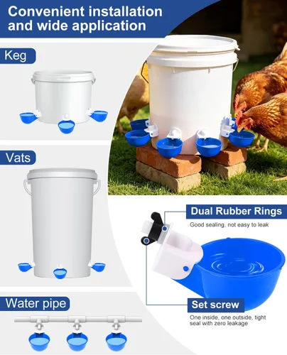 Miniatura 4 de Vasos para beber pollo (paquete de 8) con broca de 3/8 pulgadas, color azul Automatic Poultry Drinker Feeder Kit for Chickens, Ducks, Turkeys