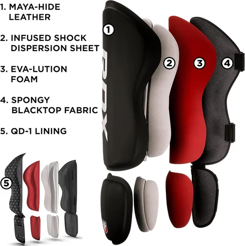 Miniatura 5 de RDX Guantes de boxeo de 14 onzas y espinilleras de kickboxing (tamaño grande), guantes de piel maya de alta calidad para adultos, con almohadillas