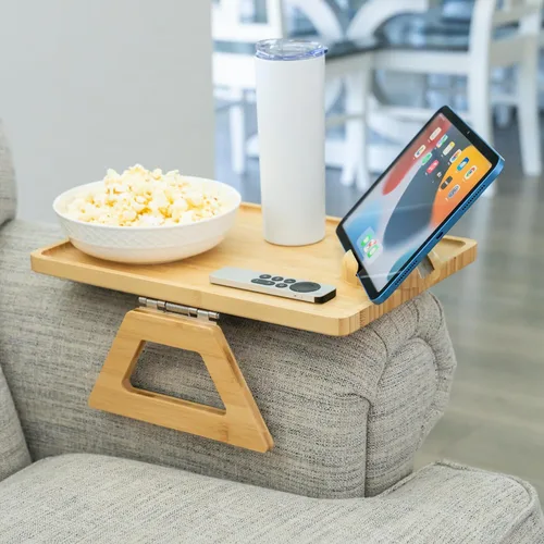Miniatura 17 de Shamrock Home Mesa Bandeja de Bambú para Brazo de Sofá, Mesa Bandeja con Clip para Sofás. Bandeja de Brazo de Sofá para Cenas de TV, Controles