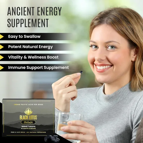 Miniatura 4 de Black Lotus Shilajit Tabletas de resina, 60 unidades, 200 mg cada uno, 100% Shilajit natural puro para hombres y mujeres con aminoácidos, 140 mg