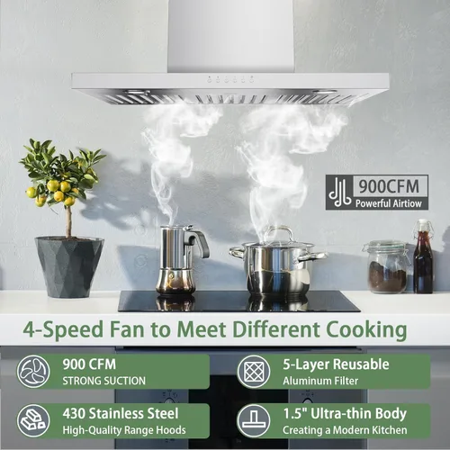 Miniatura 2 de ONEEON Campana Extractora de 30 Pulgadas - 900 CFM de Acero Inoxidable de Montaje en Pared para Cocina con Ventilador de 4 Velocidades, Luces LED