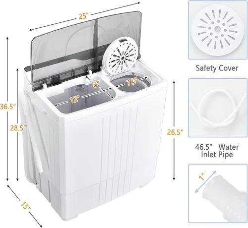 Miniatura 8 de Giantex Lavadora portátil, capacidad de 21 libras, lavadora de 14.4 libras y centrifugado de 6.6 libras, compacta para apartamento y RV, blanco
