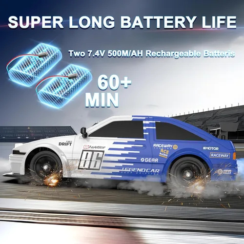 Miniatura 4 de Auto de control remoto RC Drift, escala 1/16, 2.4 GHz, 4WD, autos RC de alta velocidad con luces LED, dos baterías y neumático de derrape, juguete