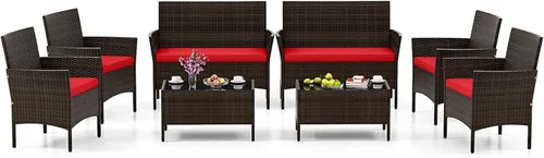 Miniatura 11 de HAPPYGRILL Juego de 4 muebles de mimbre para exteriores, juego de muebles de mimbre para patio con sillas de dos plazas y mesa de café de vidrio