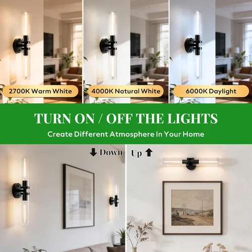 Miniatura 4 de Juego de 2 apliques de pared, lámparas de baño cableadas, iluminación de pared moderna para tocador de baño con pantalla de vidrio transparente