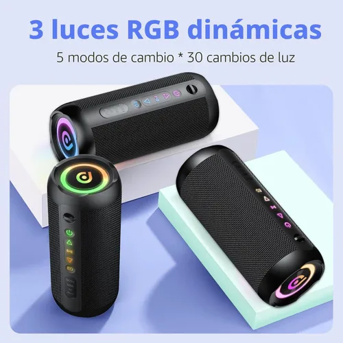 Miniatura 5 de Altavoz Bluetooth portátil, altavoz Bluetooth 5.4, altavoz dual de 30 W, canal 2.0, graves profundos, tiempo de reproducción de 30 horas, luces RGB