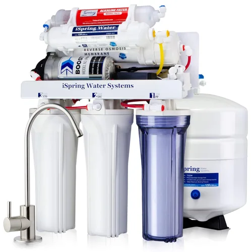 Miniatura 10 de Sistema de filtrado de agua potable con bomba aumentadora de presión iSpring rcc7p 5 estaciones, máximo rendimiento por ósmosis inversa. Níquel