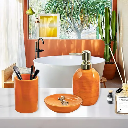 Miniatura 6 de Juego de accesorios de baño naranja quemado, 3 piezas de cerámica completa, soportes para cepillos de dientes, dispensador de jabón, jabonera