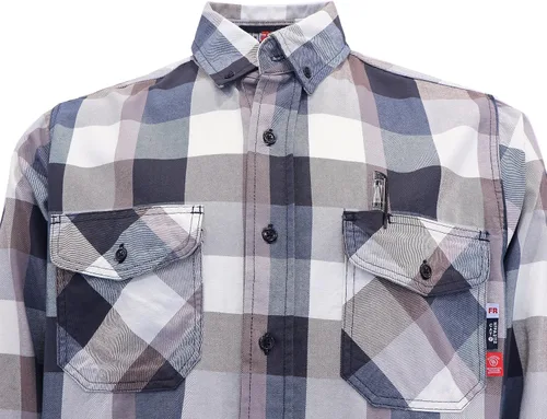 Miniatura 5 de BOCOMAL Camisas FR Resistente a la llama 100% C NFPA2112 7.5oz Camisa de soldadura resistente al fuego para hombres Cuadros azul marino/blanco