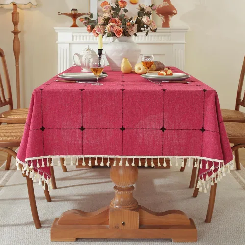 Miniatura 9 de Pahajim Mantel rectangular de lino rústico de algodón para cocina, comedor, con borlas, a cuadros, impermeable, rectangular, 55 x 71 pulgadas, 4-6