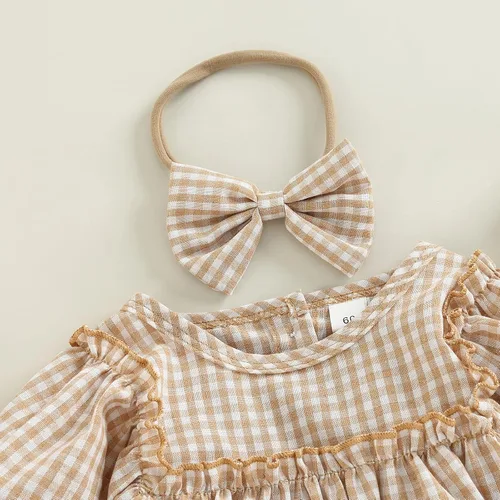 Miniatura 4 de Douhoow Mameluco a cuadros para bebé niña, sudadera con volantes, ropa para festivales de otoño e invierno con diadema