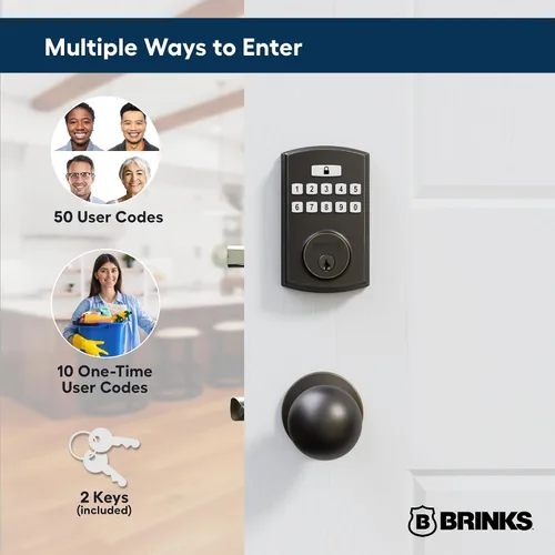 Miniatura 4 de BRINKS Cerradura de puerta de entrada sin llave, cerradura de puerta de teclado de alta seguridad, 50 códigos de usuario, función de bloqueo Bronce