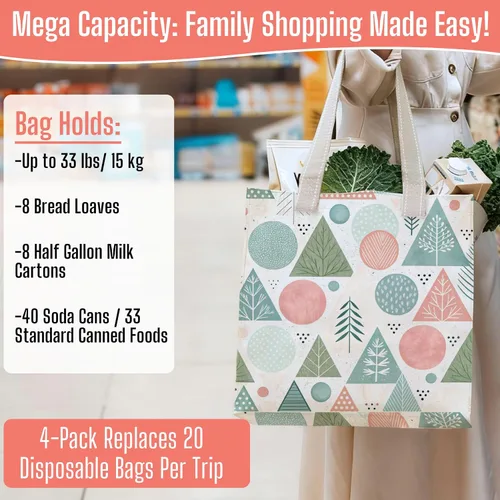 Miniatura 5 de VENO Paquete de 4 bolsas de comestibles reutilizables de Navidad, bolsas de compras resistentes con asas, para carrito de compras con parte inferior