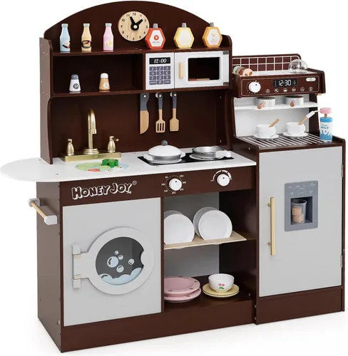 HONEY JOY Juego de Cocina para Niños, Juego de Cocina de Juguete de Madera con Luces, Cafetera, Microondas, Fregadero, Máquina de Hielo, Lavadora,