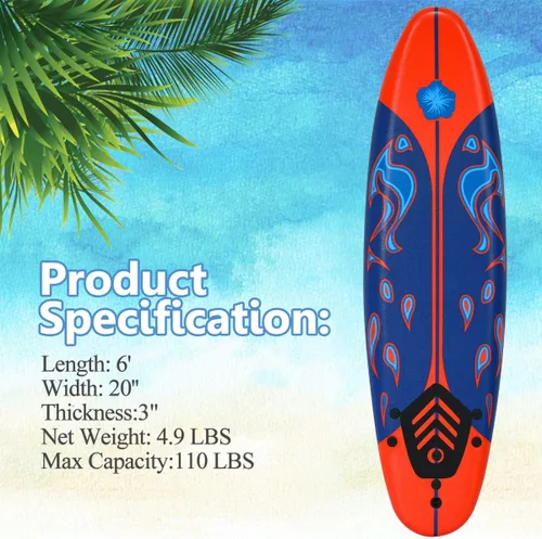 Miniatura 4 de Giantex 6' Surfboard Surfing Surf Beach Ocean Body Foamier Board with Removable Fins, Great Beginner Board for Kids, Youth and Children