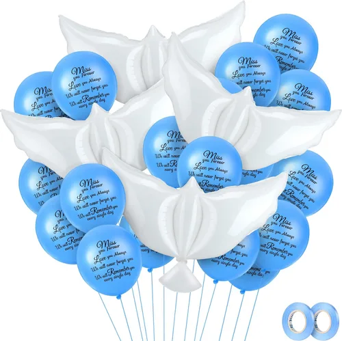 Miniatura 17 de Skylety 36 globos conmemorativos con 4 globos de paloma de la paz para liberar en recuerdo del cielo, decoraciones de helio para funerales, Negro