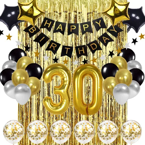 Globo de decoración de cumpleaños número 30 en negro y dorado, globo de papel de aluminio del número 30, suministros de decoración de cumpleaños de