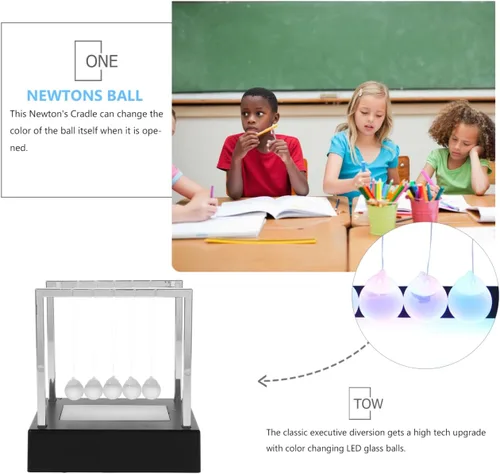 Miniatura 5 de SEWACC Newton's Cradle Balance - Bolas de péndulo para decoración de oficina con base negra, escritorio con luz LED, bolas cinéticas oscilantes