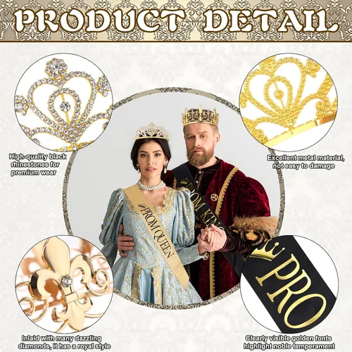 Miniatura 3 de Juego de 4 coronas de graduación King y Queen con fajas, coronas King para hombres, banda de satén brillante con diamantes de imitación, corona