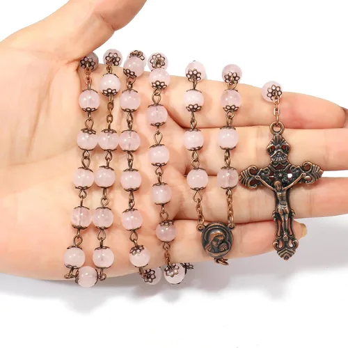 Miniatura 7 de Nazareth Store Rosario de diseño vintage con cuentas de piedra natural, collar de 0.315 in, medalla de suelo santo y cruz crucifijo rosarios