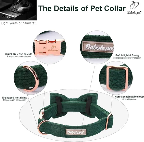 Miniatura 2 de Collares Verdes para Perros Pequeños, Lindo Collar de Pana para Perro con Corbatín, Hebilla de Metal de Seguridad, Collares Ajustables
